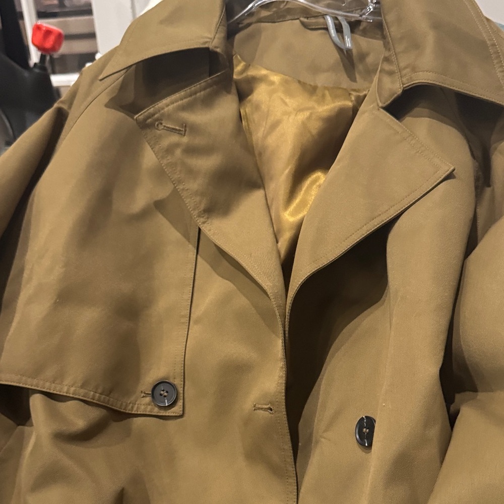 Anthropologie Olive-Tan Cropped Swing Trench Coat